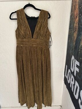 Guess Metallic Gold Pleated V-Neck Midi Dress